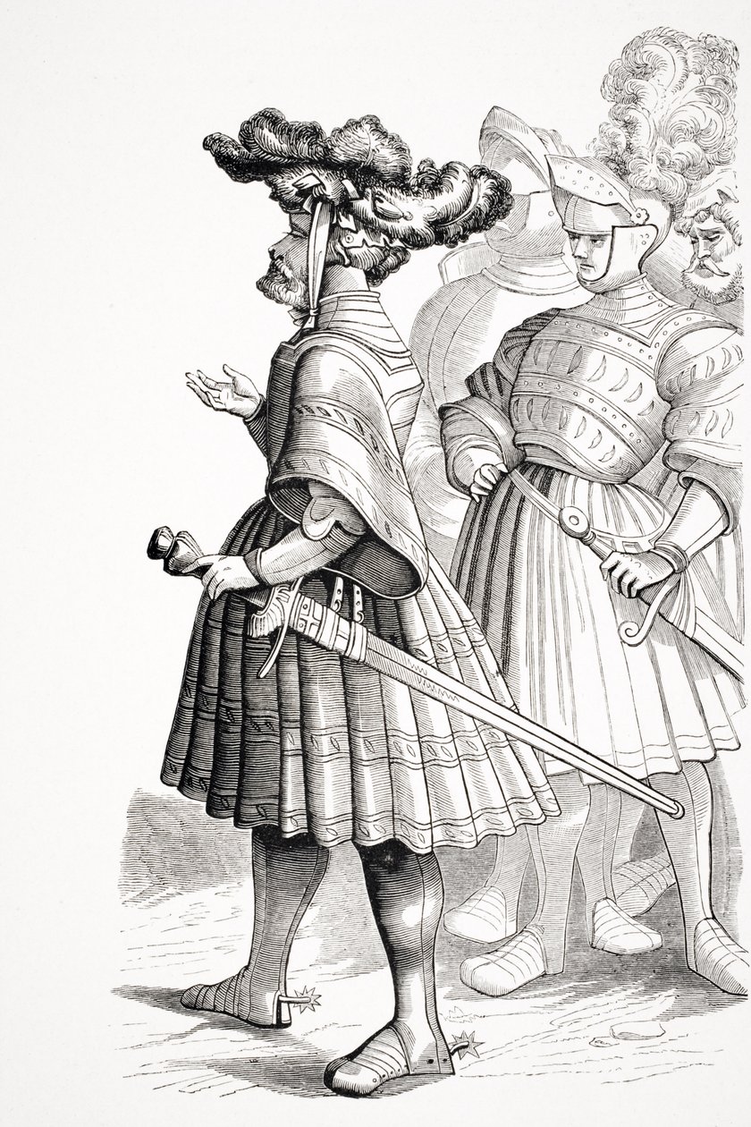 Rycerze niemieccy, według tabliczki z „Życie cesarza Maksymiliana” rytowanej przez Burgmayera z rysunku Albrechta Durera (1471-1528) z „Le Moyen Age et la Renaissance” Paula Lacroix (1806-84) autorstwa French School