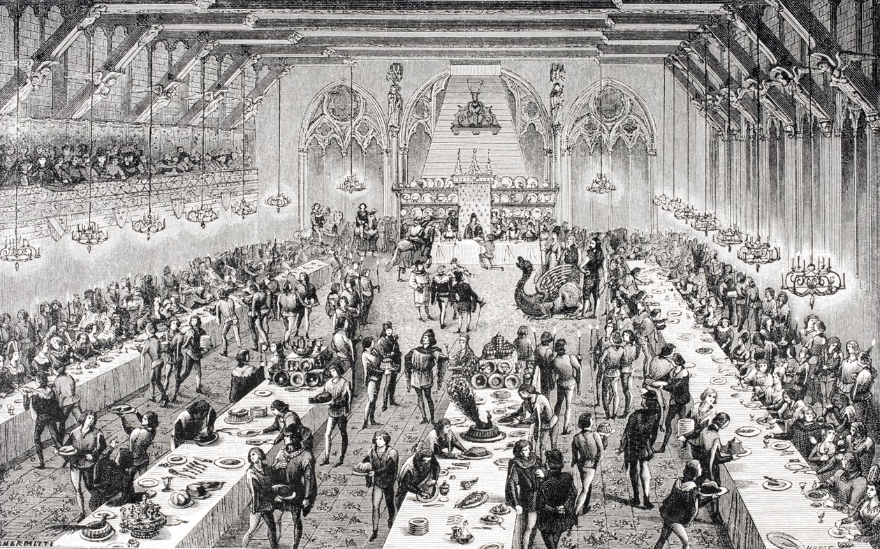 Uroczysty bankiet na dworze francuskim w XIV wieku, z XIX-wiecznej ryciny w „Dictionnaire du Mobilier Francais” M. Viollet-Leduc, z „Le Moyen Age et La Renaissance” Pau autorstwa French School