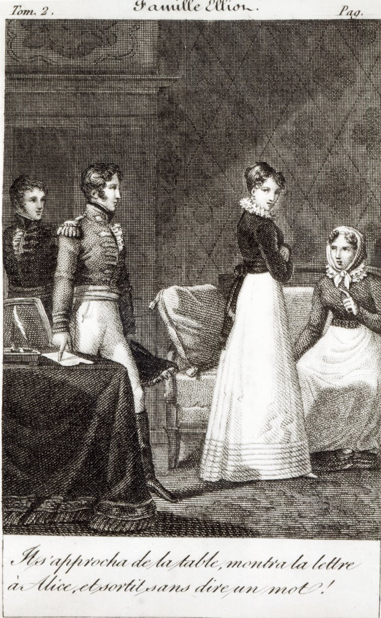 „Podszedł do stołu, pokazał list Alicji i wyszedł bez słowa!”, ilustracja z „La Famille Elliot”, przekład „Perswazji” Jane Austen (1775-1817) (bw autorstwa French School