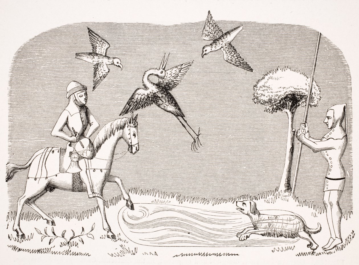 Heron hawking, reprodukcja miniatury w 14-wiecznym rękopisie „Livre de Roy du Modus” Henri de Ferrieres, z „Le Moyen Age et La Renaissance” Paula Lacroix (1806–84) opublikowanej w 1847 r. autorstwa French School
