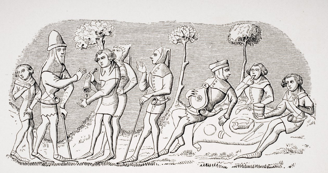 Posiłek myśliwski, reprodukcja miniatury z XIV-wiecznego rękopisu Livre de Roy du Modus Henri de Ferrieres z Le Moyen Age et La Renaissance Paula Lacroix (1806-84) wydanego w 1847 r. ( autorstwa French School