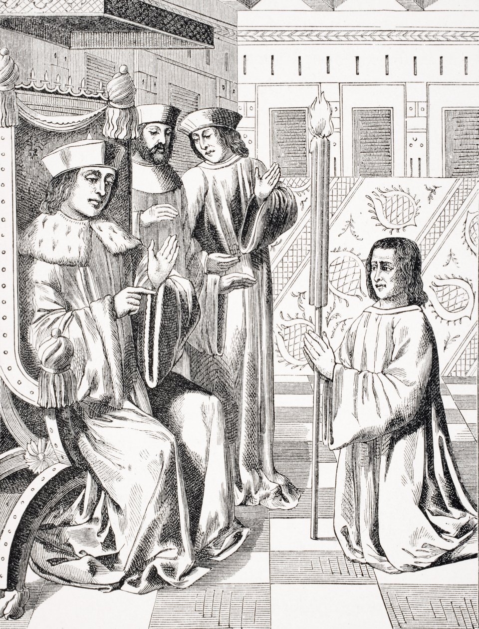 Jacques Coeur (ok. 1395-1456) składa hołd Karolowi VII (1403-66), kopia XV-wiecznej miniatury w „Chroniques of Monstrelet”, z „Le Moyen Age et La Renaissance” Paula Lacroix (1806-84) ) autorstwa French School