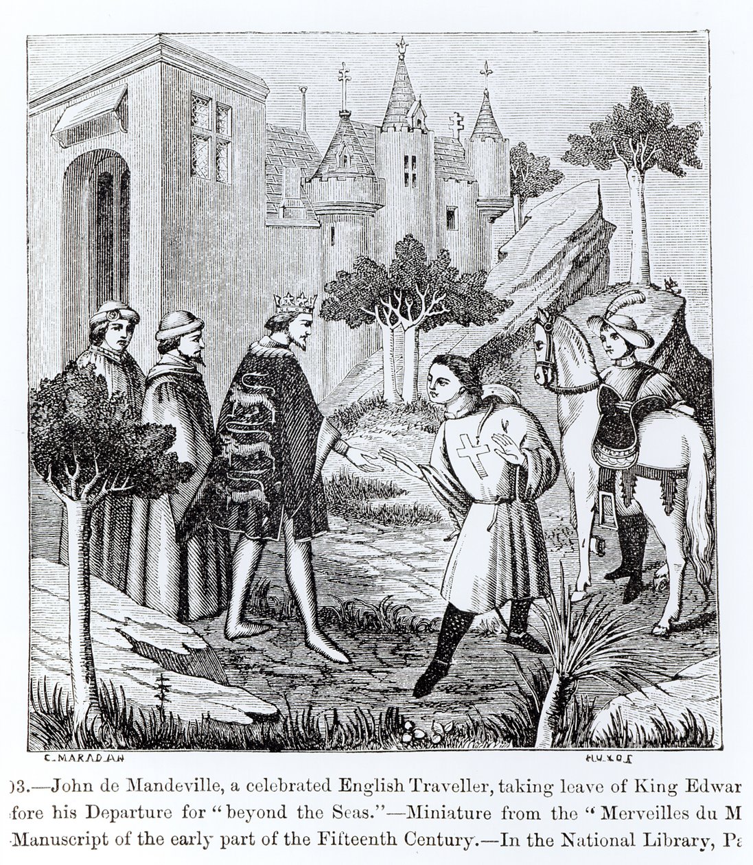 Jan de Mandeville żegnający się z królem Edwardem III (1312-77) przed jego odejściem, z „Merveilles du Monde”, ilustracja z „Nauki i literatury w średniowieczu i renesansie”, napisał autorstwa French School