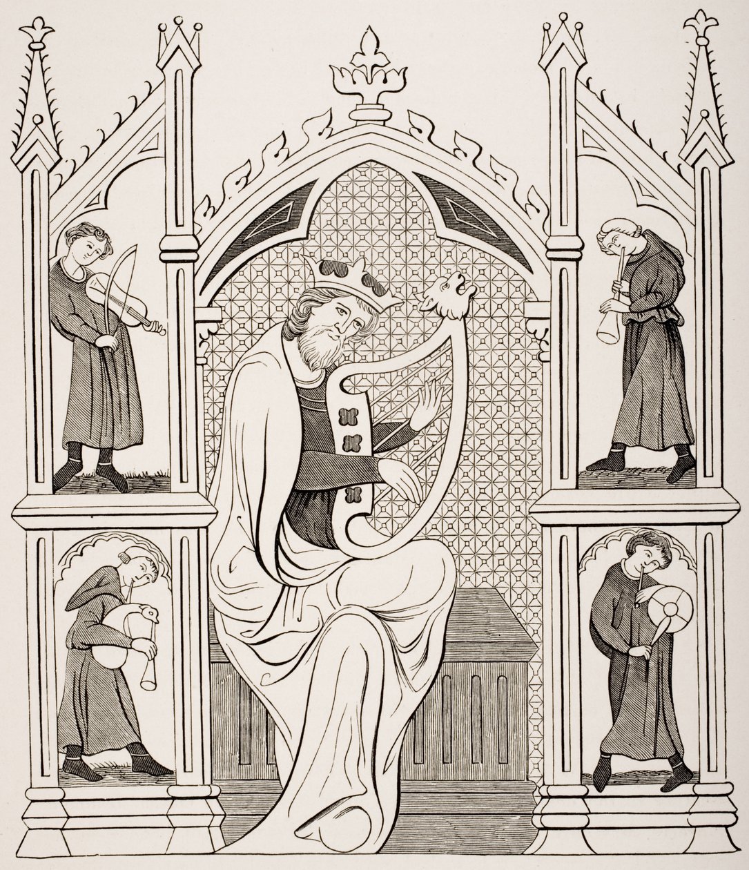 Król Dawid grający na lirze w otoczeniu czterech muzyków, według miniatury w rękopisie psałterza, z „Le Moyen Age et La Renaissance” Paula Lacroix (1806–84) wydanej w 1847 r. autorstwa French School