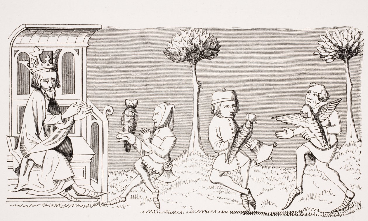 Król Modus nauczający sztuki sokolnictwa, reprodukcja miniatury z XIV-wiecznego rękopisu „Livre de Roy du Modus” Henri de Ferrieres, z „Le Moyen Age et La Renaissance” Paula Lacroix autorstwa French School
