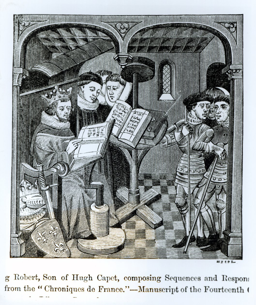 Król Robert II (970-1031) syn Hugona Kapeta (ok. 944-996) komponujący Sekwencje i odpowiedzi, z „Chroniques de France”, ilustracja z „Nauka i literatura w średniowieczu i renesansie” autorstwa French School