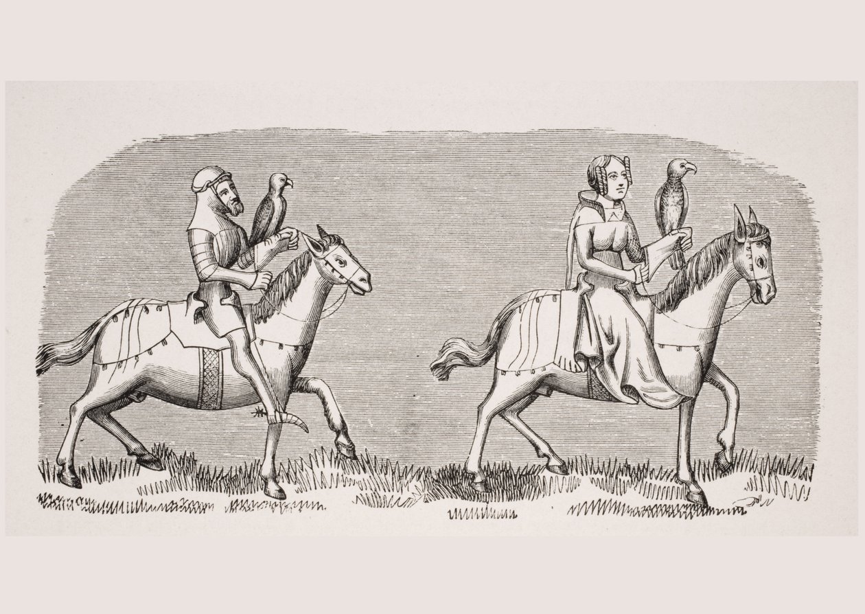 Pani wyruszająca na sokolnictwo, reprodukcja miniatury z XIV-wiecznego rękopisu „Livre de Roy du Modus” Henri de Ferrieres, z „Le Moyen Age et La Renaissance” Paula Lacroix (1806-84) wyd. autorstwa French School