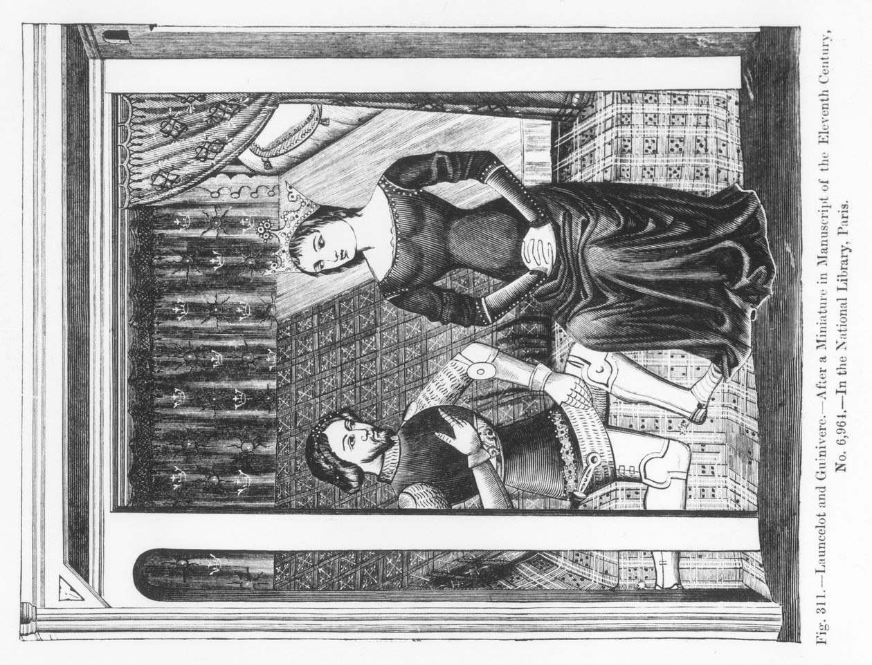 Lancelot i Guinivere, z rękopisu zawierającego legendę arturiańską, ilustracja z „Nauka i literatura w średniowieczu i renesansie”, napisana i rytowana przez Paula Lacroix, 1878 (en autorstwa French School