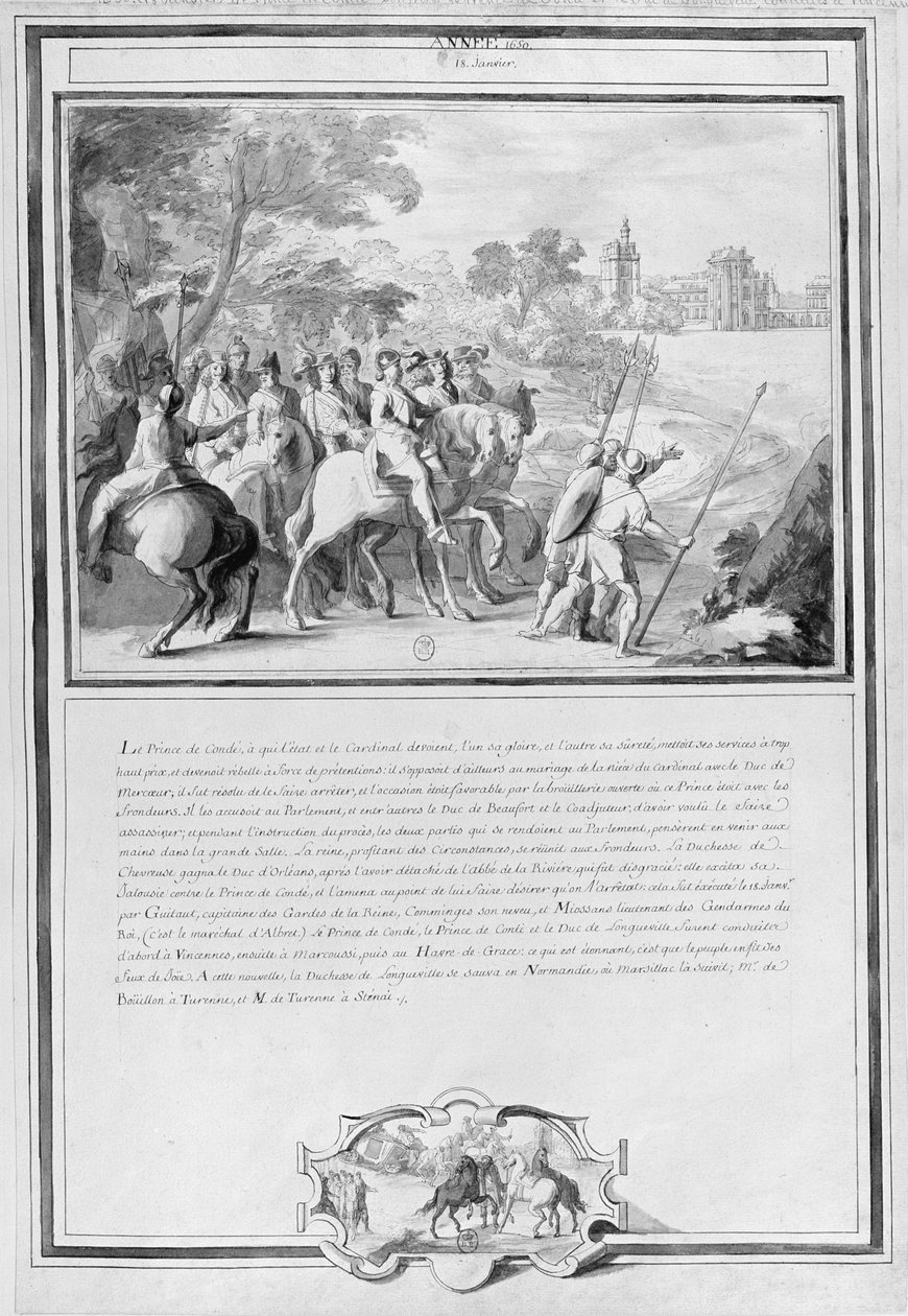 Ludwik II de Bourbon (1621-86) Książę Conde ze swoim bratem Armandem de Bourbon (1629-66) Książę Conti i Henryk II de Longueville (1595-1663) Książę Estouteville Jazda do Vincennes, 18 stycznia autorstwa French School