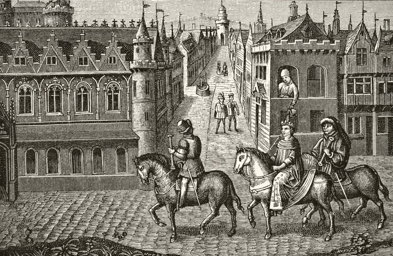 Ludwik IX ma garnek z moczem wylany na niego przez studenta, gdy jedzie do kościoła w Paryżu, z „Nauka i literatura w średniowieczu” Paula Lacroix (1806–84) opublikowanej w Londynie 1878 autorstwa French School