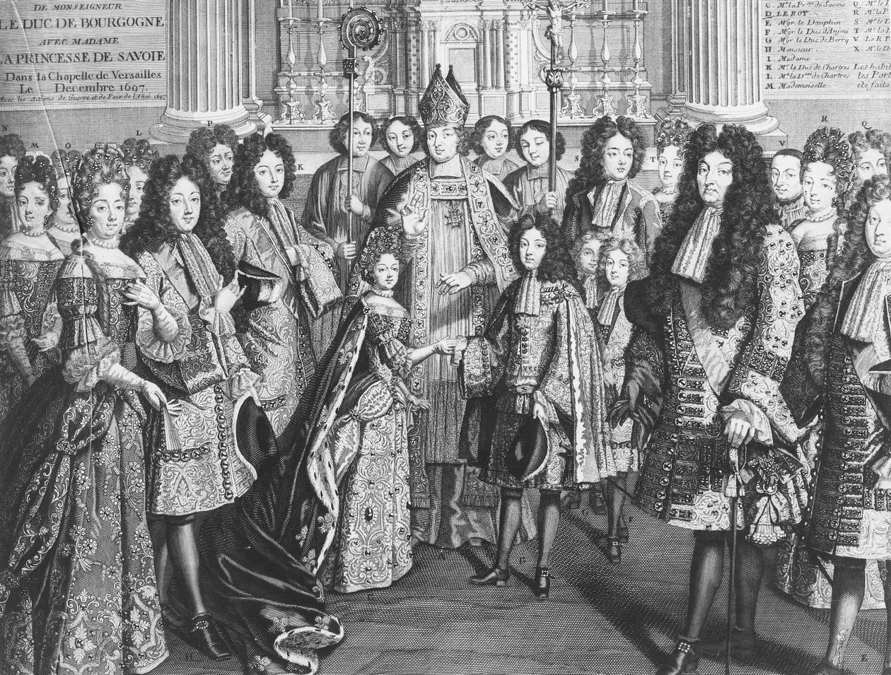 Ślub Ludwika de France (1682-1712), księcia Burgundii z Marią Adelajdą de Savoie (1685-1712) w Kaplicy Królewskiej w Wersalu, grudzień 1694, w obecności króla Ludwika XIV autorstwa French School