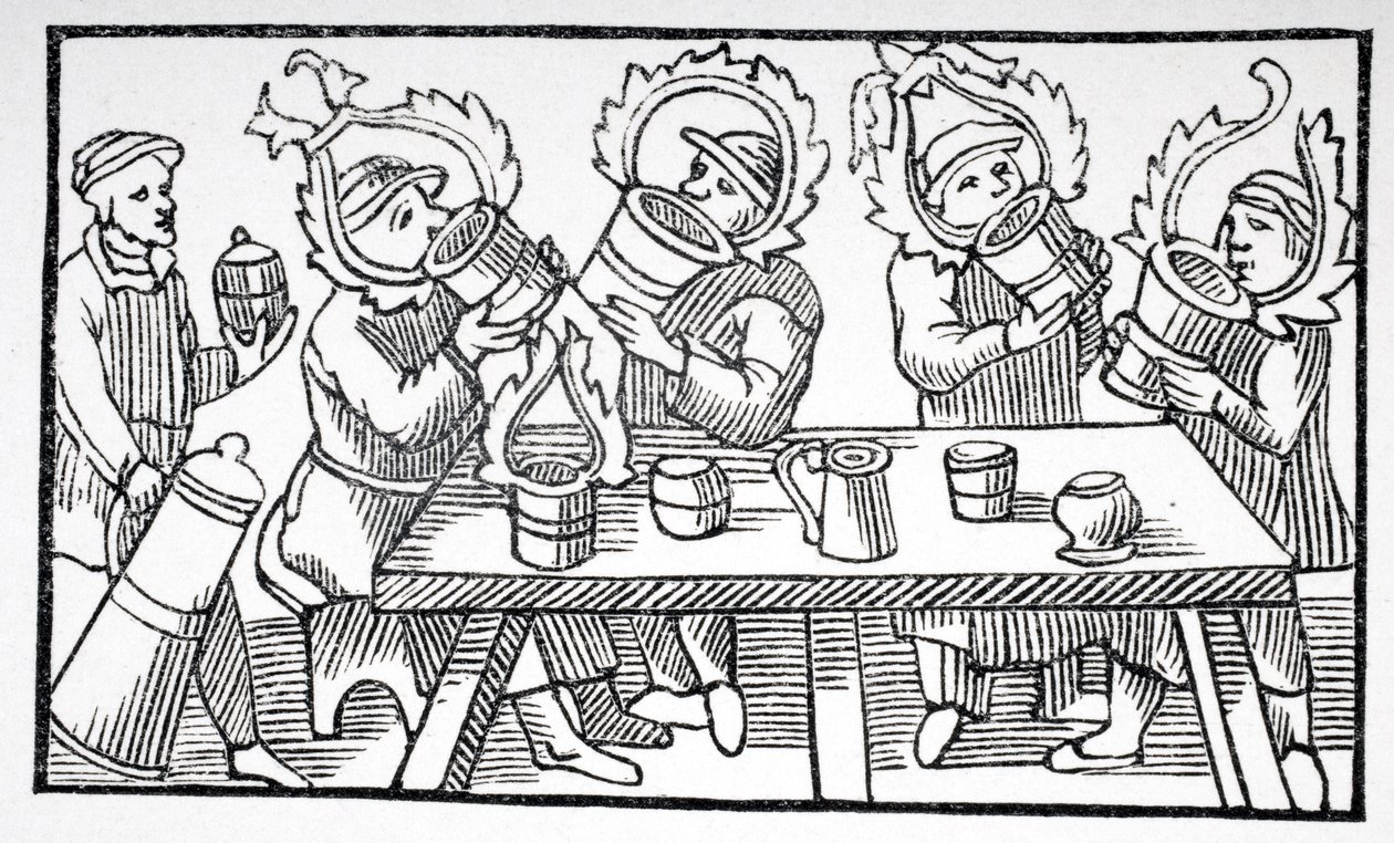 Picie mężczyzn, ilustracja z „Historii narodów północnych” Olausa Magnusa (1490-1557) opublikowana w Rzymie, 1555, z książki „Le Moyen Age and La Renaissance” Paula Lacroix (1806-84) opublikowanej autorstwa French School