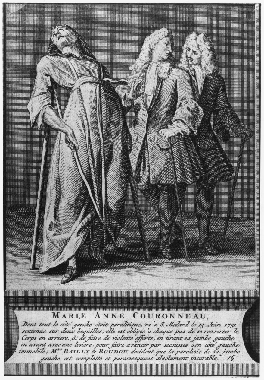 Cudowne uzdrowienie paralityka Marie-Anne Couronneau na grobie diakona Francois de Paris na cmentarzu parafialnym Saint-Medard w Paryżu, 13 czerwca 1731, ryt Pieter Yver (1712-87) 1737 ( autorstwa French School