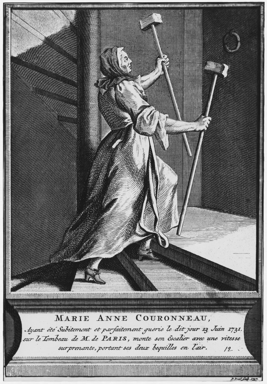 Cudowne uzdrowienie paralityka Marie-Anne Couronneau na grobie diakona Francois de Paris na cmentarzu parafialnym Saint-Medard w Paryżu, 13 czerwca 1731, ryt Pieter Yver (1712-87) 1737 ( autorstwa French School