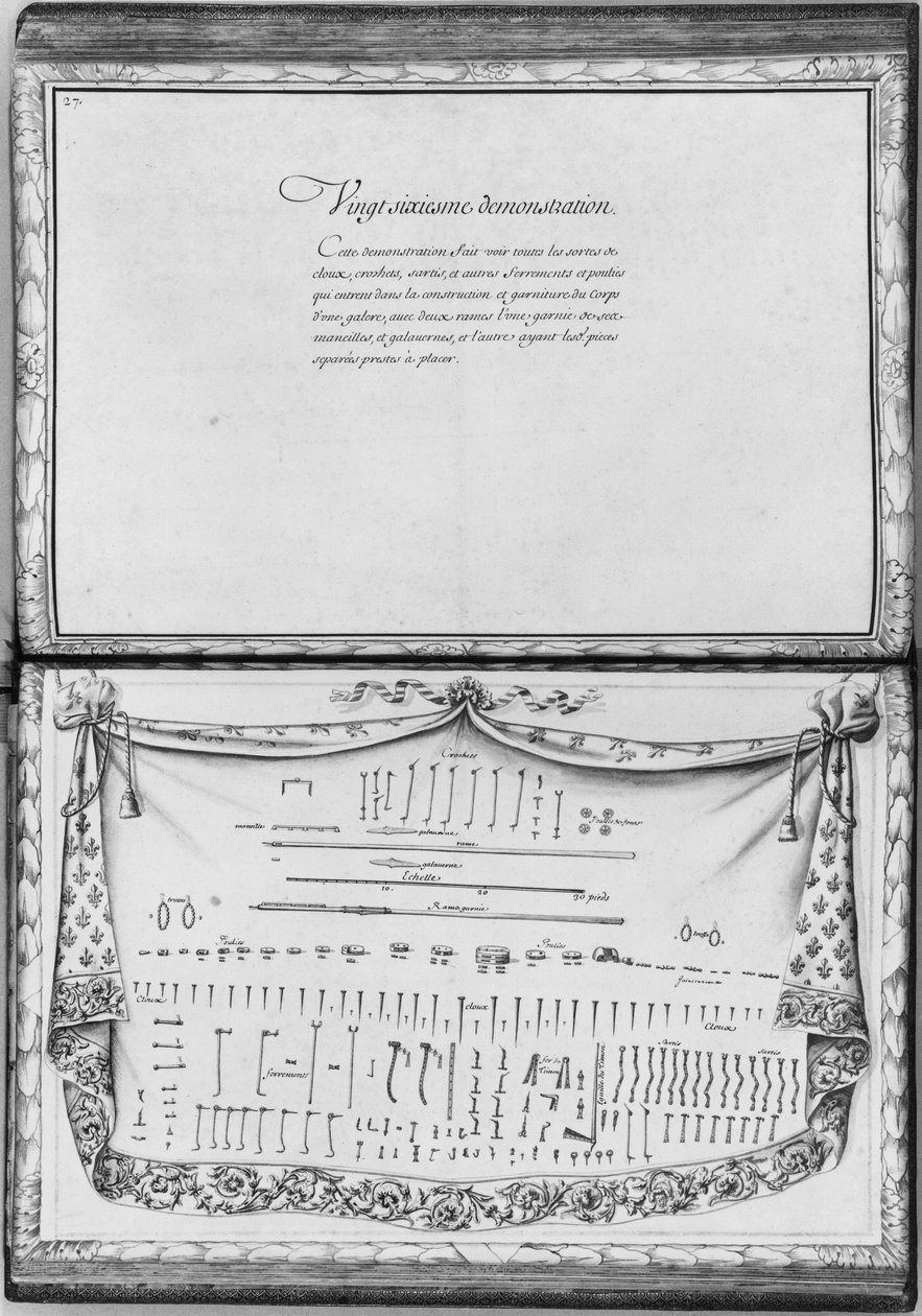 Gwoździe, haki, bloczki i elementy żelazne potrzebne do budowy kuchni, dwudziesta szósta demonstracja, płyta 27, ilustracja z „Demonstrations de toutes les pieces de bois, cloux et ferremens qui entrent d autorstwa French School