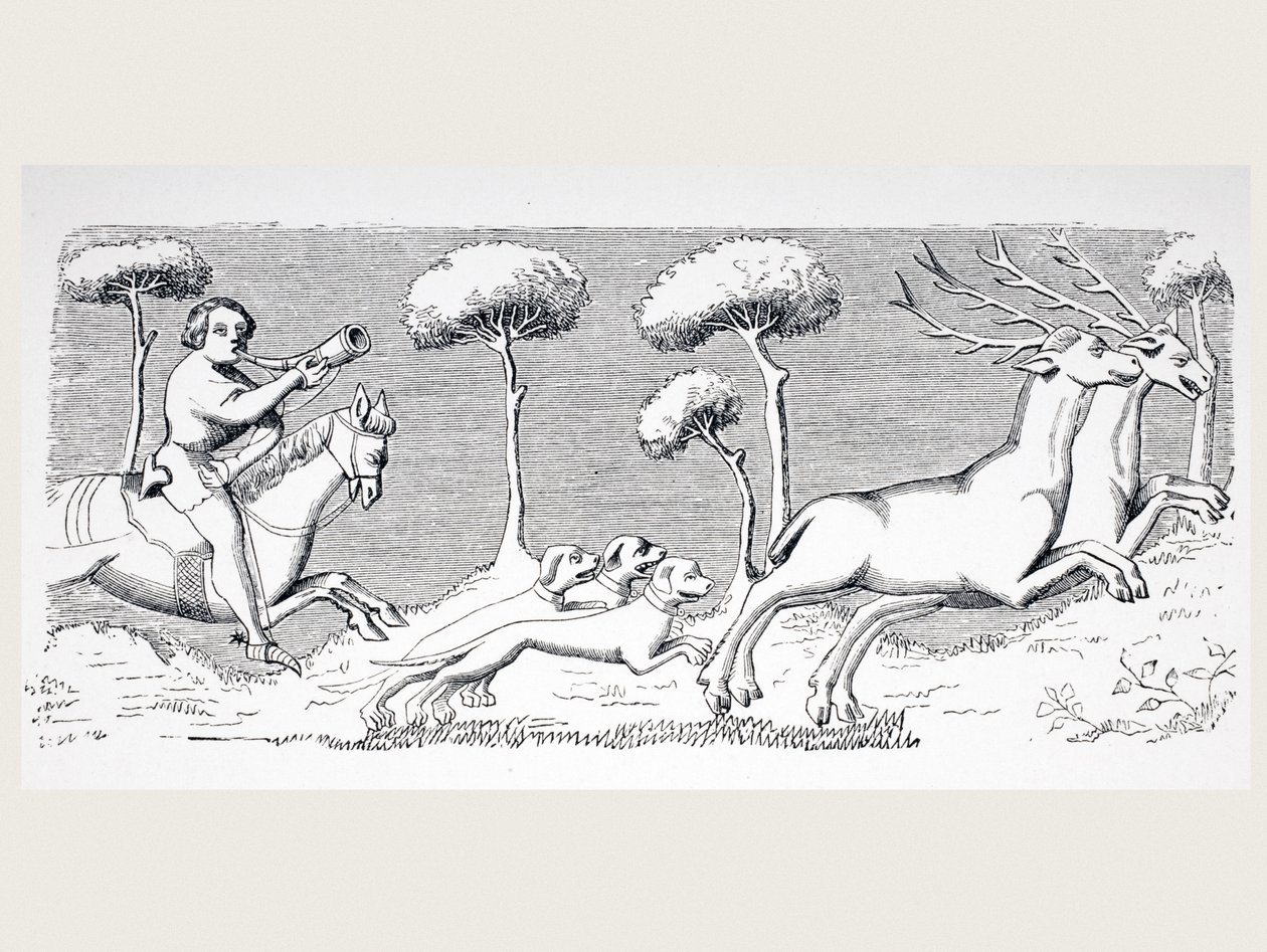 Natura i wygląd jeleni oraz jak można na nie polować z psami, według miniatury w XV-wiecznym Rękopisie Phoebusa, z „Le Moyen Age et La Renaissance” Paula Lacroix (1806-84) publikuje autorstwa French School