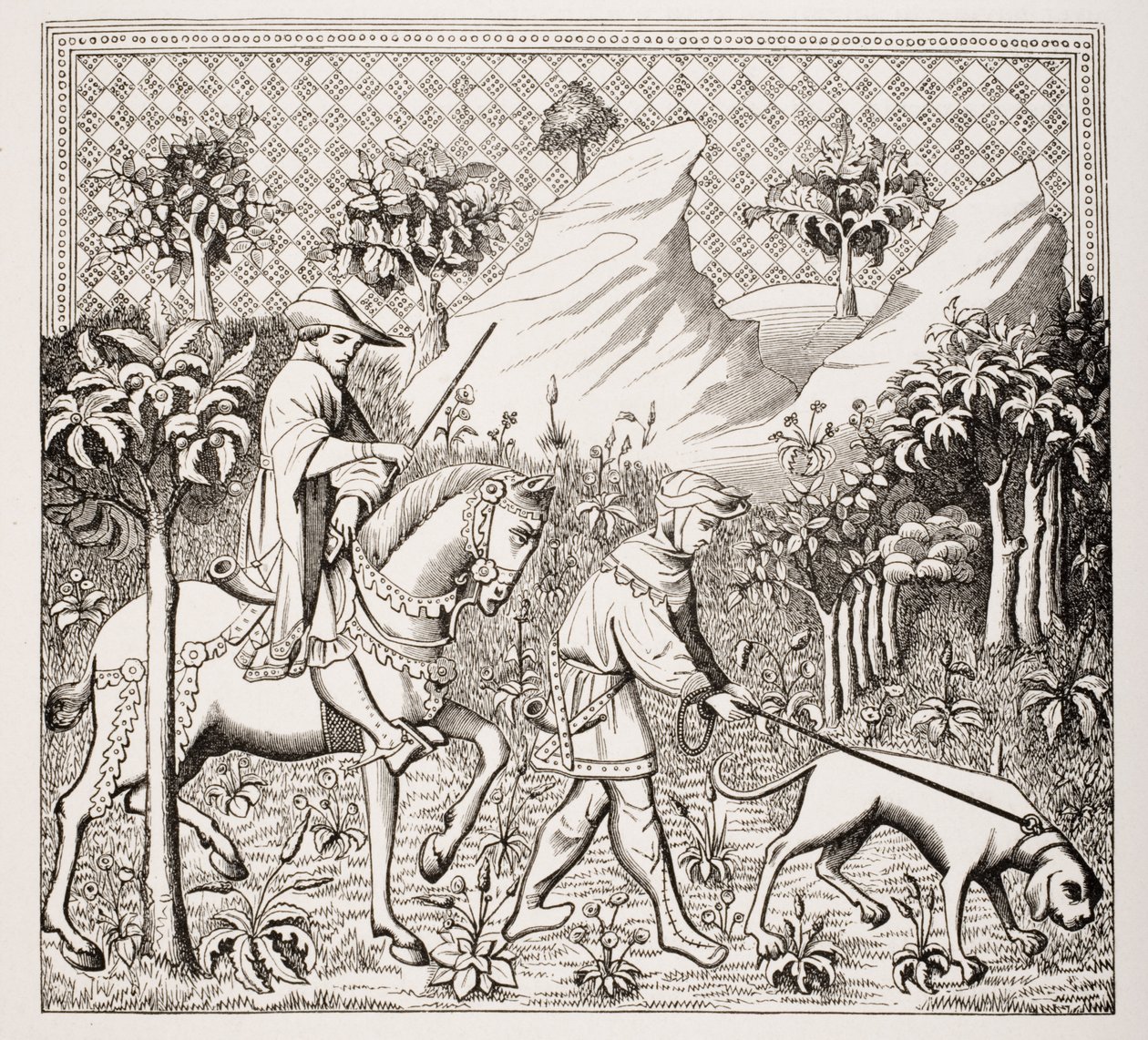 Szlachcic w stroju myśliwskim ze sługą i psem, według miniatury z XV wieku w „Des Deduits de la Chasse des Bestes Sauvages” Gastona Phoebusa, z „Le Moyen Age et La Renaissance” Paula autorstwa French School
