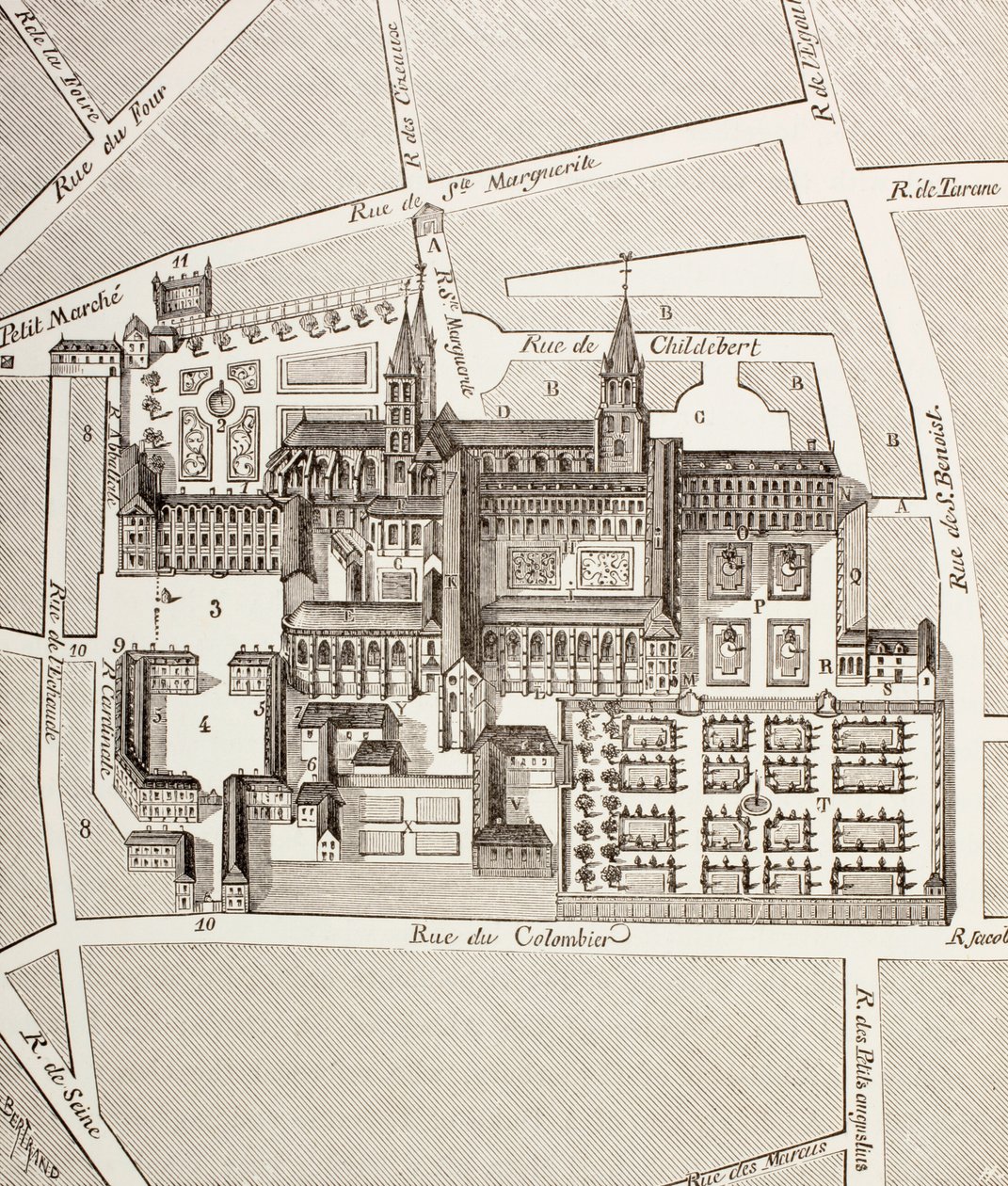 Widok z północy na opactwo benedyktyńskie St. Germain-des-Pres w Paryżu, tak jak istniało ono w XVII wieku, z "Military and Religious Life in the Middle Ages" Paula Lacroix, wyd. Londyn ok. 1880 r. (l autorstwa French School