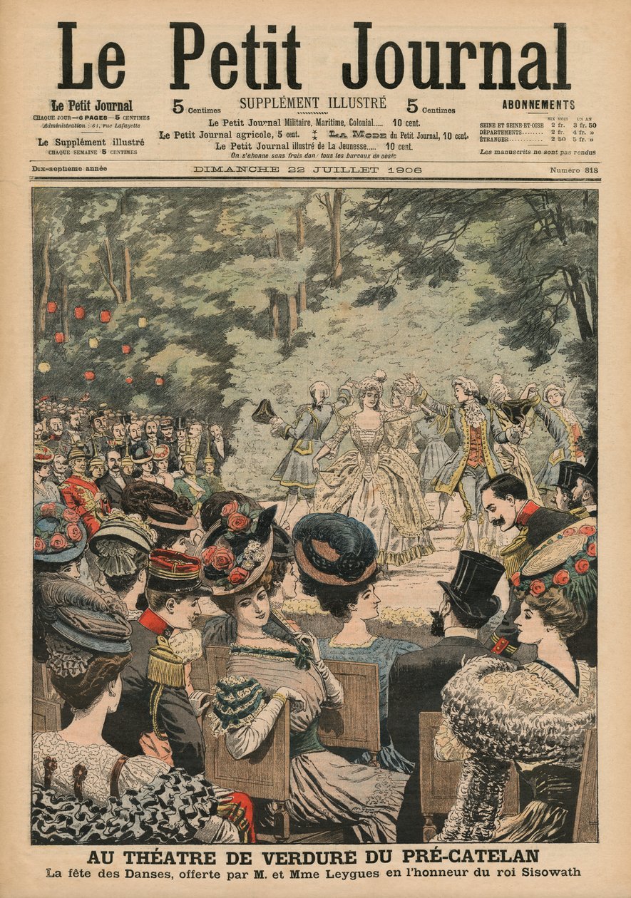 Teatr na wolnym powietrzu w Pre-Catelan, Festiwal Tańca przedstawiony przez Georges Leygues na cześć Sisowatha, króla Kambodży, ilustracja na pierwszej stronie okładki "Le Petit Journal", supplement illustre, 22 lipca autorstwa French School
