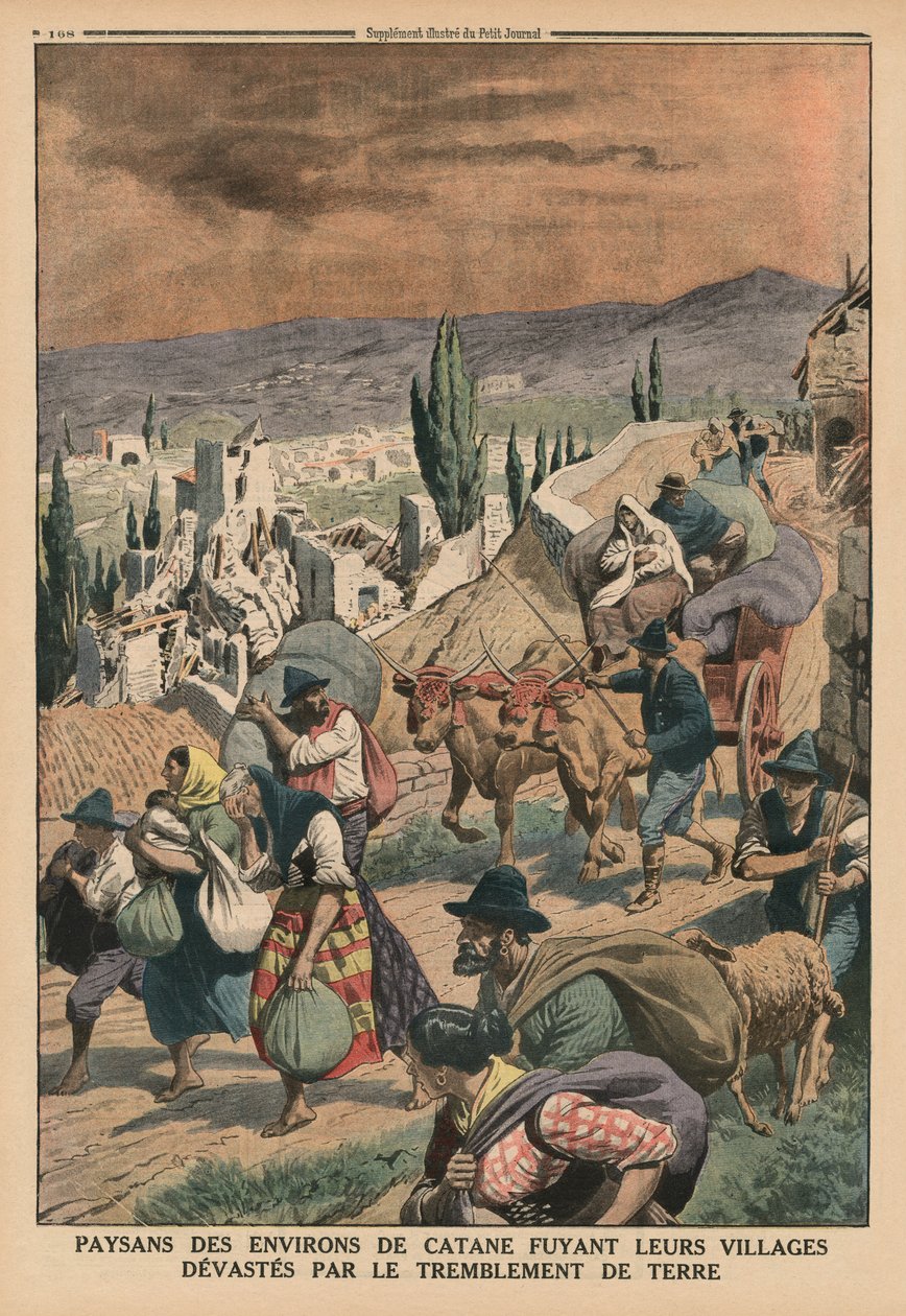 Chłopi z okolic Katanii uciekają ze swoich wiosek zniszczonych przez trzęsienie ziemi, ilustracja na tylnej okładce z „Le Petit Journal”, dodatek illustre, 24 maja 1914 autorstwa French School