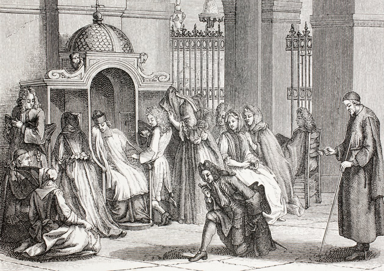 Ludzie zgromadzeni w kościele wokół księdza, oczekujący na spowiedź, według pracy Bernarda Picarta z „XVIII Siecle Institutions, Usages et Costumes”, wydanej w 1875 r. autorstwa French School