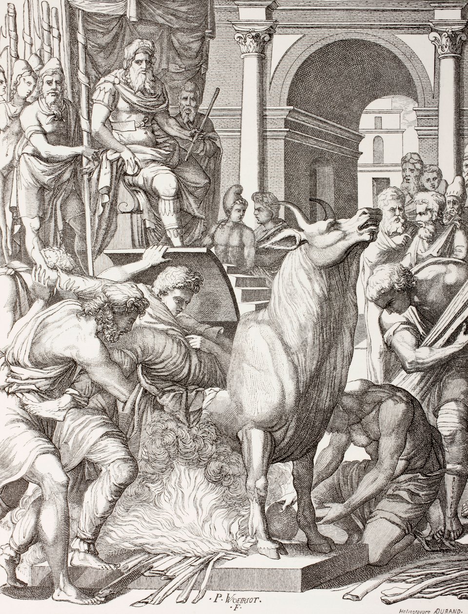 Phalaris skazujący rzeźbiarza Perillusa na śmierć w spiżowym byku, na pieczenie żywcem, a jego krzyki będą odwzorowywały ryk byka, za dziełem z XVI wieku, z "Les Arts au Moyen Age". autorstwa French School