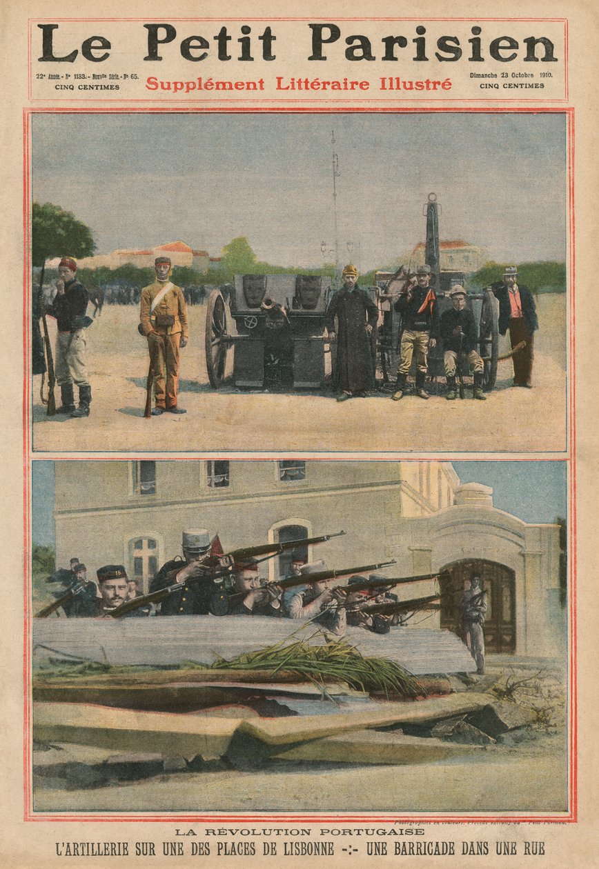 Rewolucja Portugalska, Artyleria na skwerze Lizbony, barykada na ulicy, ilustracja z okładki „Le Petit Parisien”, dodatek do litteraire illustre, 23 października 1910 (fotolitho) autorstwa French School