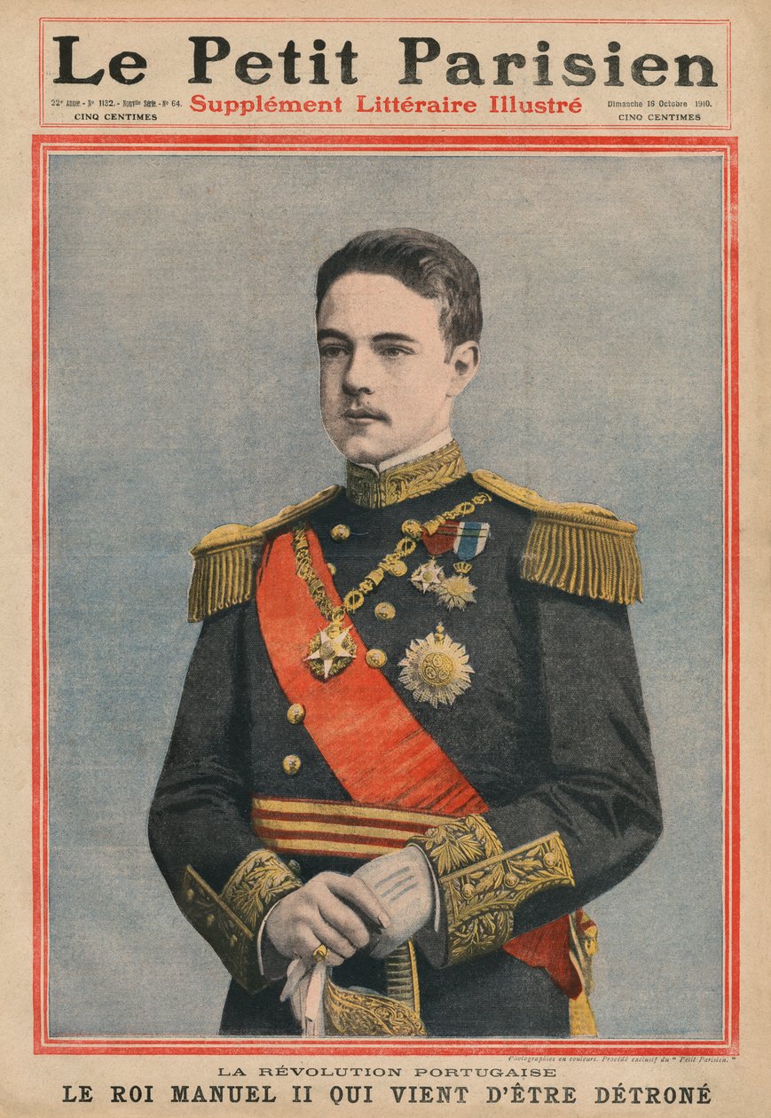 Rewolucja Portugalska, król Portugalii Manuel II właśnie został zdetronizowany, ilustracja na okładce z „Le Petit Parisien”, dodatek do litteraire illustre, 16 października 1910 (fotolitho) autorstwa French School