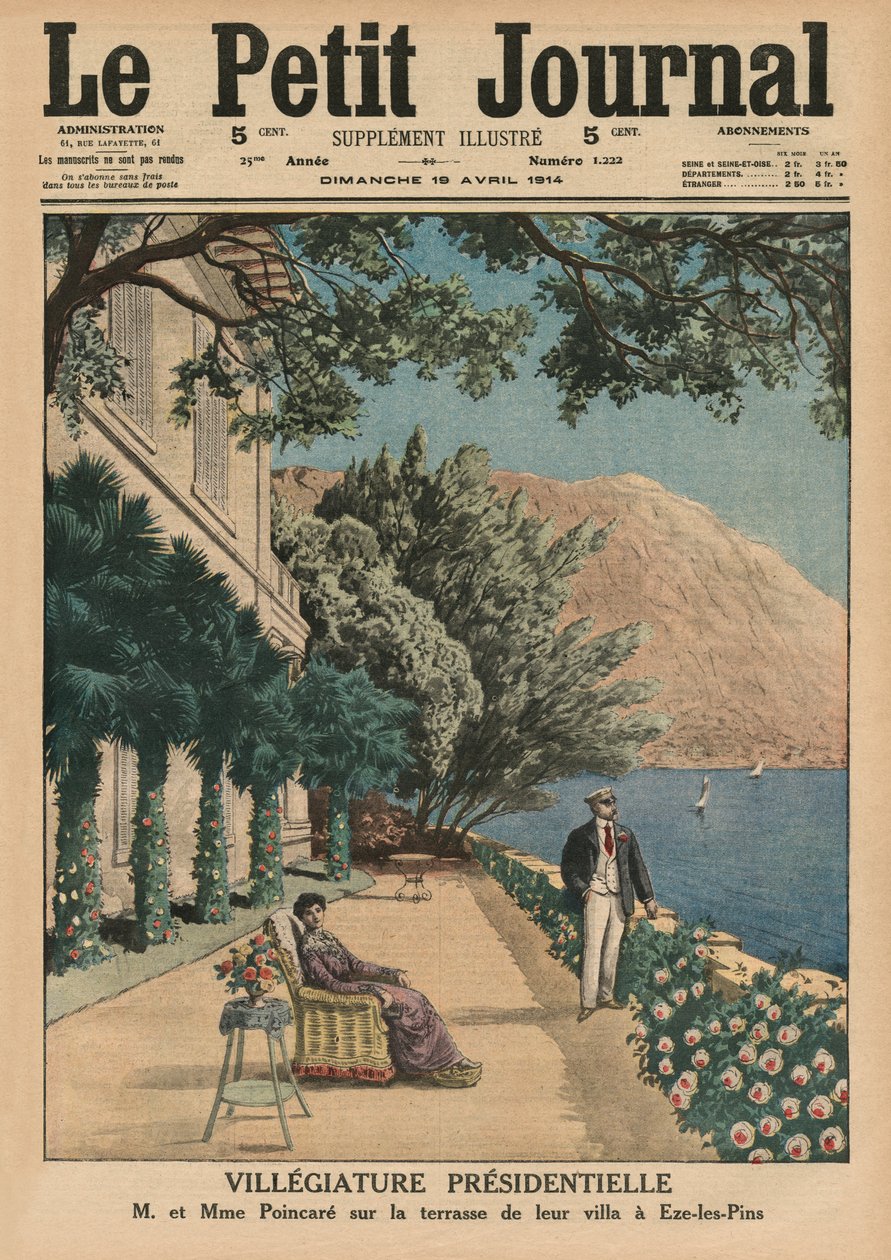 Święto prezydenckie, Monsieur et Madame Poincare na tarasie ich willi w Eze-les-Pins, ilustracja na okładce z „Le Petit Journal”, dodatek illustre, 19 kwietnia 1914 autorstwa French School