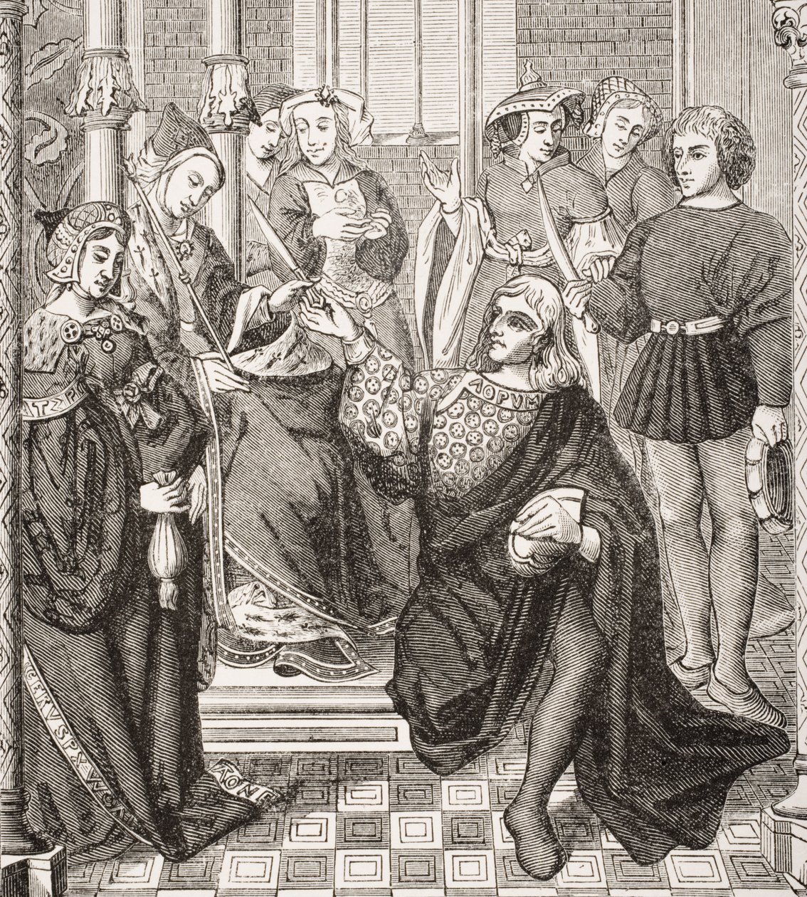Królowa Fredegond rozkazuje dwóm mężczyznom z Terouanne zamordować Sigberta, króla Austrazji, z książki „Le Moyen Age et La Renaissance” Paula Lacroix (1806-84) opublikowanej w 1847 r. autorstwa French School
