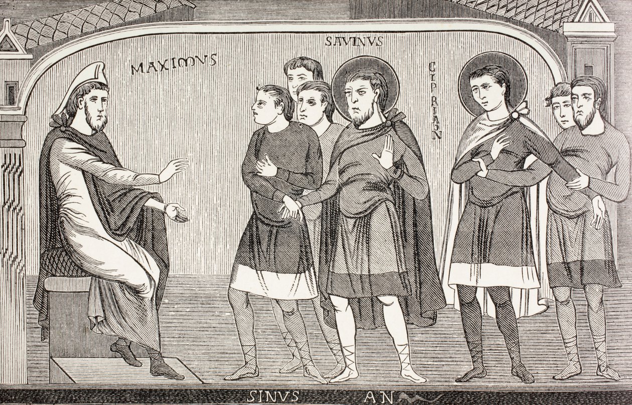 Święci Sawin i Cyprian wyznający prokonsulowi Galeriuszowi Maximusowi, że są chrześcijanami, z książki "Military and Religious Life in Middle Ages" autorstwa Paula Lacroix, wydanej w Londynie ok. 1880 r. autorstwa French School