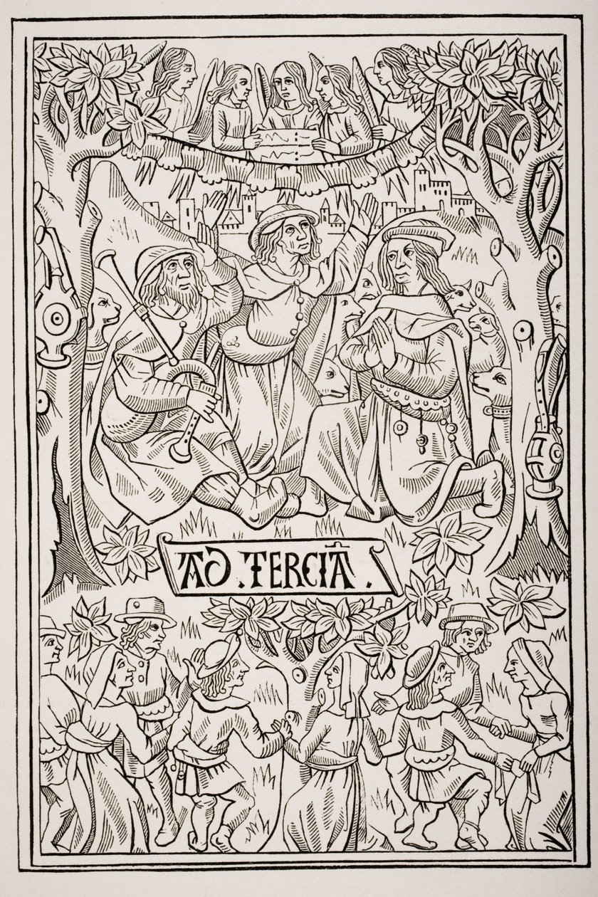Pasterze świętujący narodziny Mesjasza z pieśniami i tańcami, według XV-wiecznego drzeworytu z Księgi godzin, z "Le Moyen Age et La Renaissance" Paula Lacroix (1806-84) opublikowanego w 1847 r. autorstwa French School