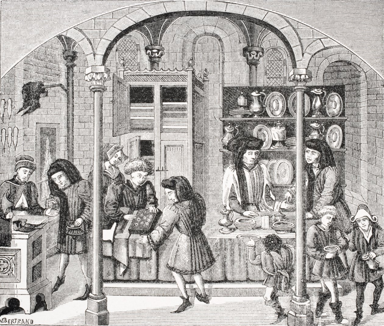 Sklepy pod krytym targiem, według miniatury w XIV-wiecznym przekładzie Arystotelesa „Etyka i polityka” Nicolasa Oresme (ok. 1323-82) z „Le Moyen Age et La Renaissance” Paula Lacroix ( autorstwa French School