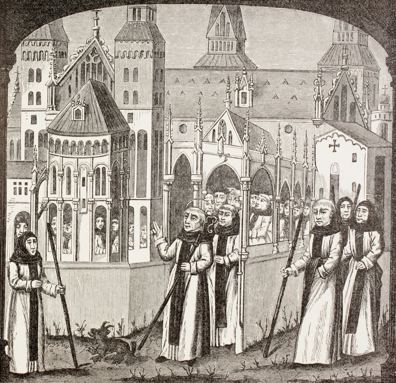Św. Bernard z Clairvaux i cystersi obejmujący w posiadanie opactwo Clairvaux, z książki "Military and Religious Life in the Middle Ages" autorstwa Paula Lacroix, opublikowanej w Londynie ok. 1880 r. autorstwa French School