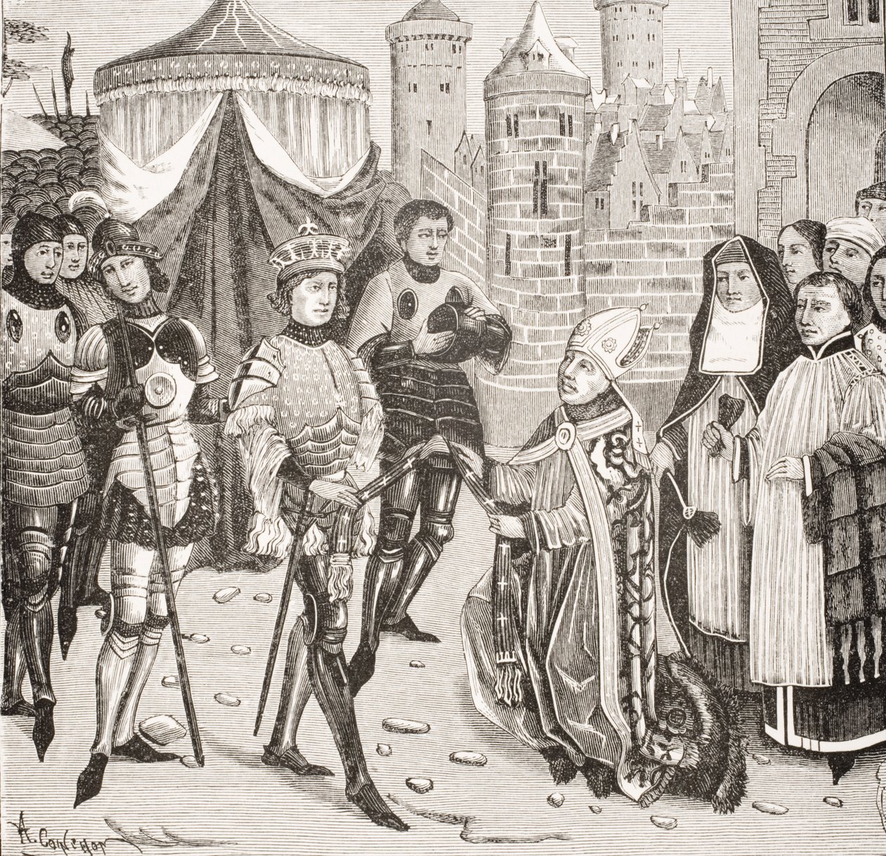 Św. Remy, biskup Reims, błaga króla Clovisa (465-511) o zwrot świętej wazy skradzionej przez Franków podczas grabieży Soissons, według miniatury w rękopisie "Historii cesarzy", f autorstwa French School