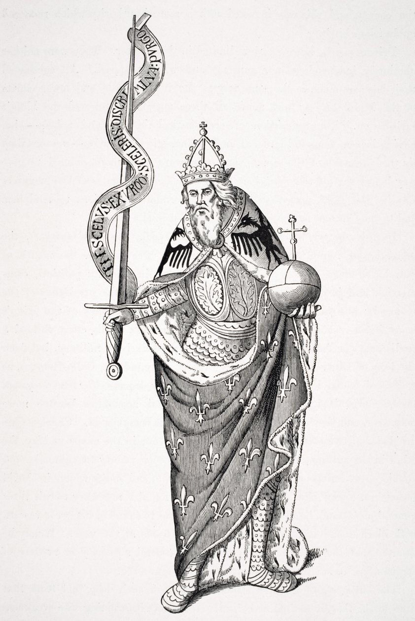 Cesarz Karol Wielki (747-814) trzymający globus i miecz, według miniatury w rejestrach Uniwersytetu Paryskiego, z "Le Moyen Age et la Renaissance" Paula Lacroix (1806-84), wyd. autorstwa French School