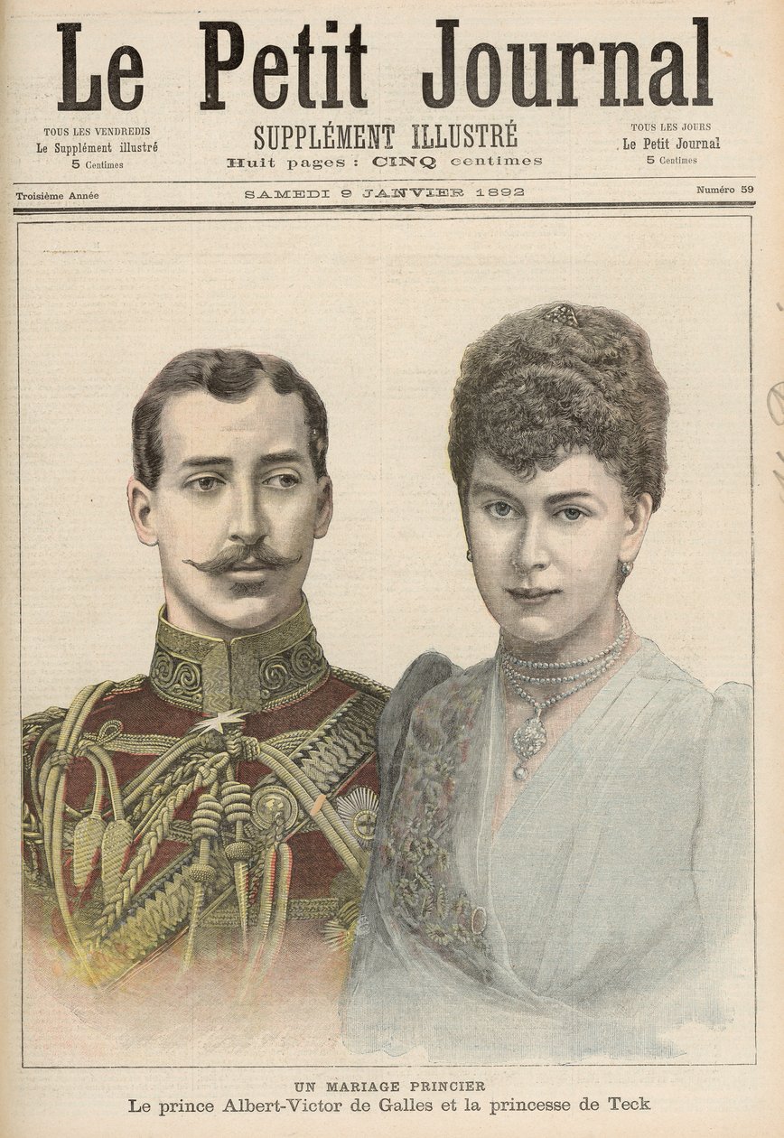 Zaręczyny Alberta Victora (1864-92), księcia Clarence, najstarszego syna Edwarda, księcia Walii, z Victorią Marią z Teck (1867-1953) z „Le Petit Journal”, 9 stycznia 1892 autorstwa French School