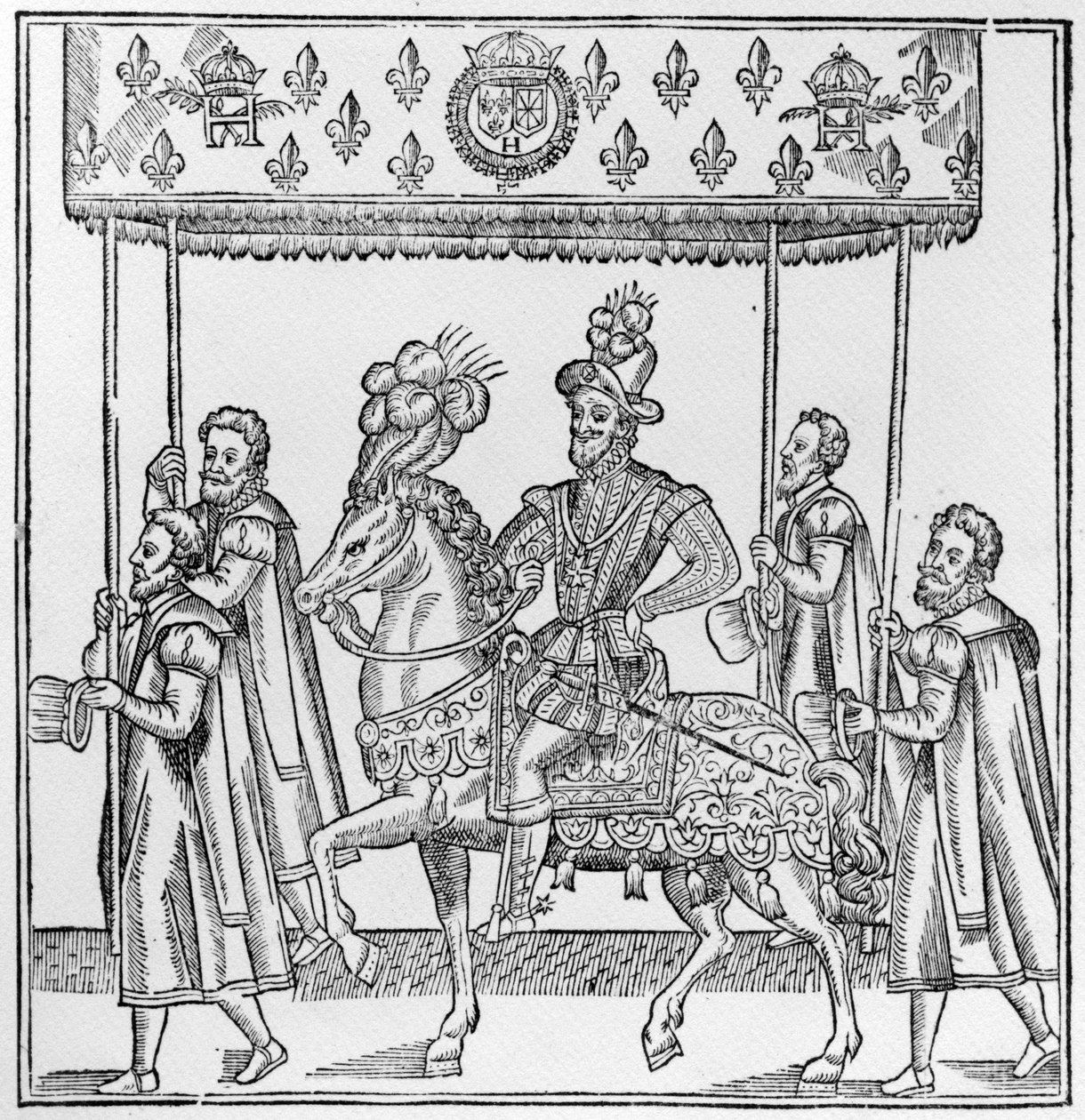 Wjazd Henryka IV do Rouen, 16 października 1596, ilustracja z „Discours de la Ioyeuse et triomphante entree de Henry IIII faicte en sa ville de Rouen”, wydanej w 1599 (drzewryt) autorstwa French School