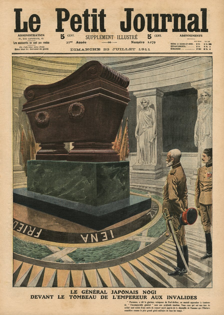 Japoński generał hrabia Maresuke Nogi przed grobem cesarza Napoleona Bonaparte w Les Invalides, Paryż, ilustracja z „Le Petit Journal”, dodatek illustre, 23 lipca 1911 autorstwa French School