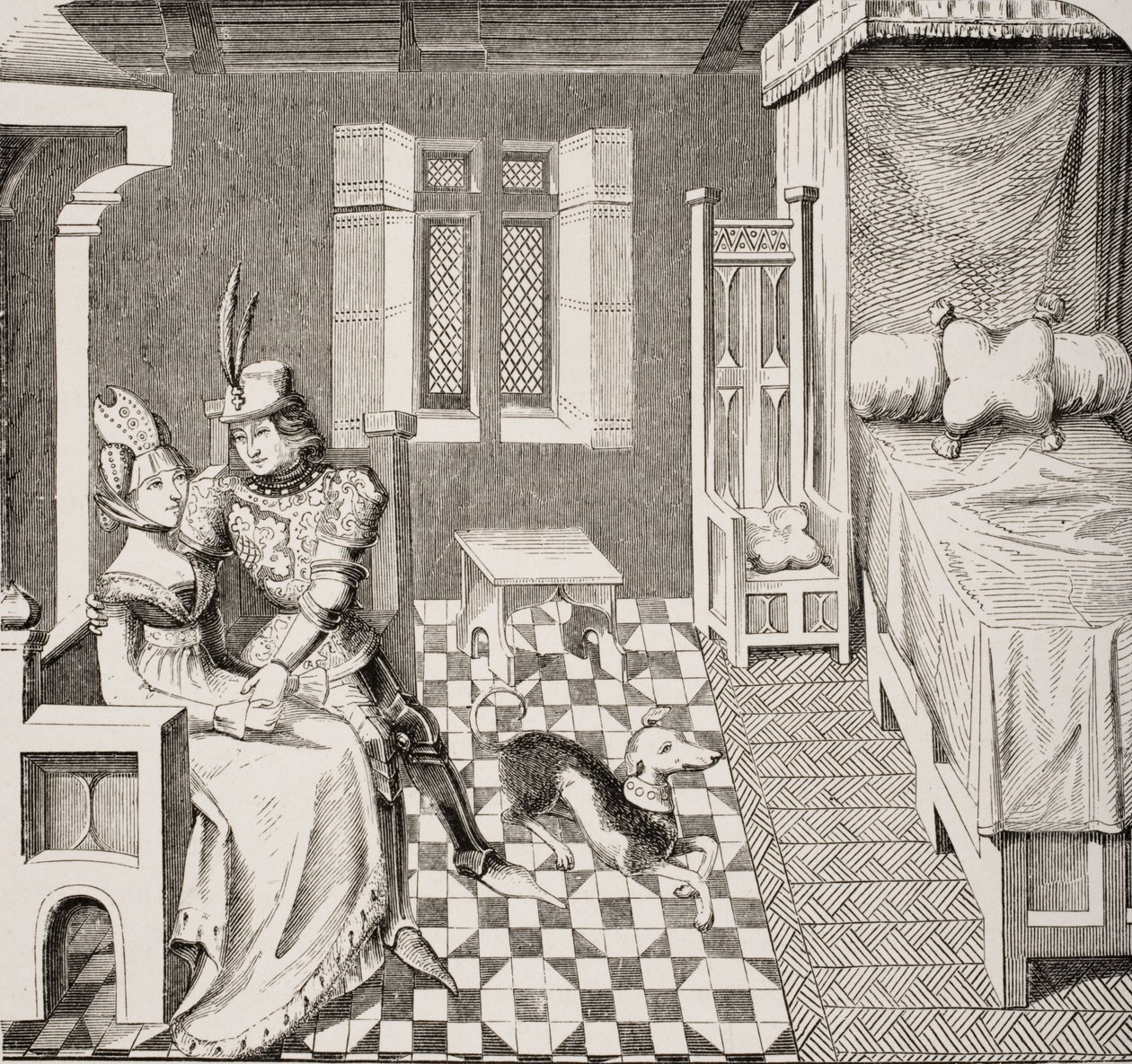 Riteris ir jo ponia, po miniatiūros, iliustruojančios Christine de Pisan (1363–1430) eilėraštį „Otėja“ iš Paulo Lacroix (1806–84) „Le Moyen Age et La Renaissance“, išleido 1847 m. autorstwa French School