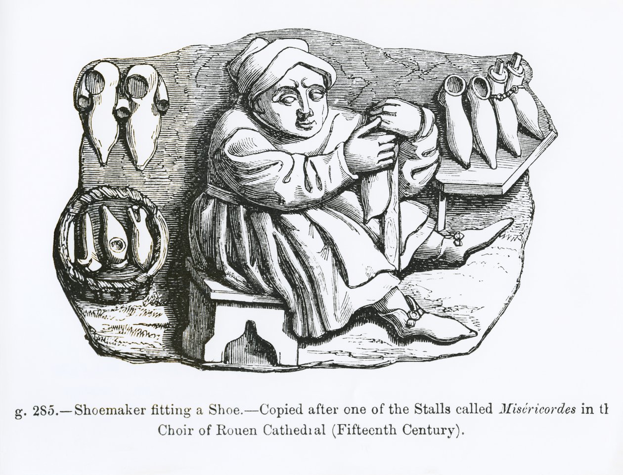 د بوټانو فټینګ شومیکر، د روین کاتډرل په کویر کې د Misericordia له سټالونو څخه کاپي شوی، د "منځنۍ دورې او بیا رنسانس کې ساینس او ​​ادب" څخه انځور شوی، لیکل شوی او پولی autorstwa French School