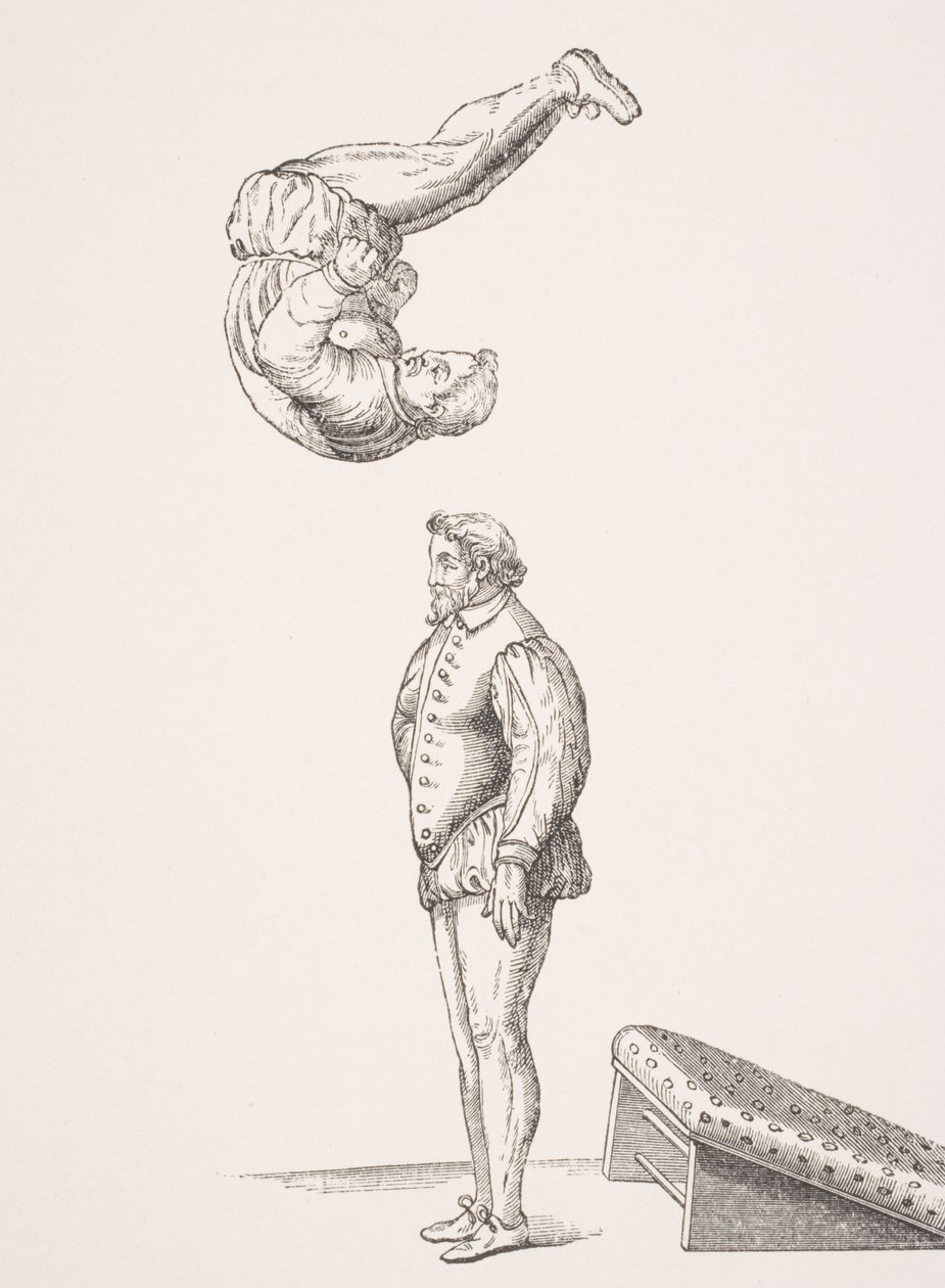 Tablica Wiosenna, ilustracja z faksymile „Ćwiczenia w skakaniu i sklepieniu” A. Tuccaro, opublikowana 1599, z „Le Moyen Age et La Renaissance” Paula Lacroix (1806-84) opublikowana w 1847 autorstwa French School