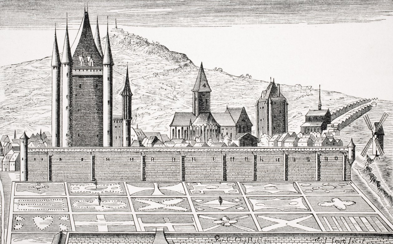 Šventyklos bokštas Paryžiuje po „Paryžiaus topografijos“ graviūros iš Paulo Lacroix (1806–1884) knygos „Le Moyen Age et La Renaissance“ išleido 1847 m. autorstwa French School