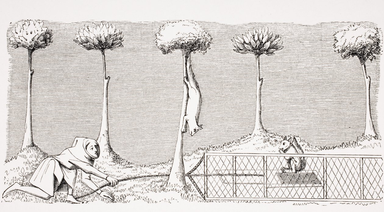 Droga do złapania wiewiórek na ziemi w lesie, według miniatury w XV-wiecznym rękopisie Phoebusa, z „Le Moyen Age et La Renaissance” Paula Lacroix (1806-84) opublikowanej w 1847 roku (lit. autorstwa French School