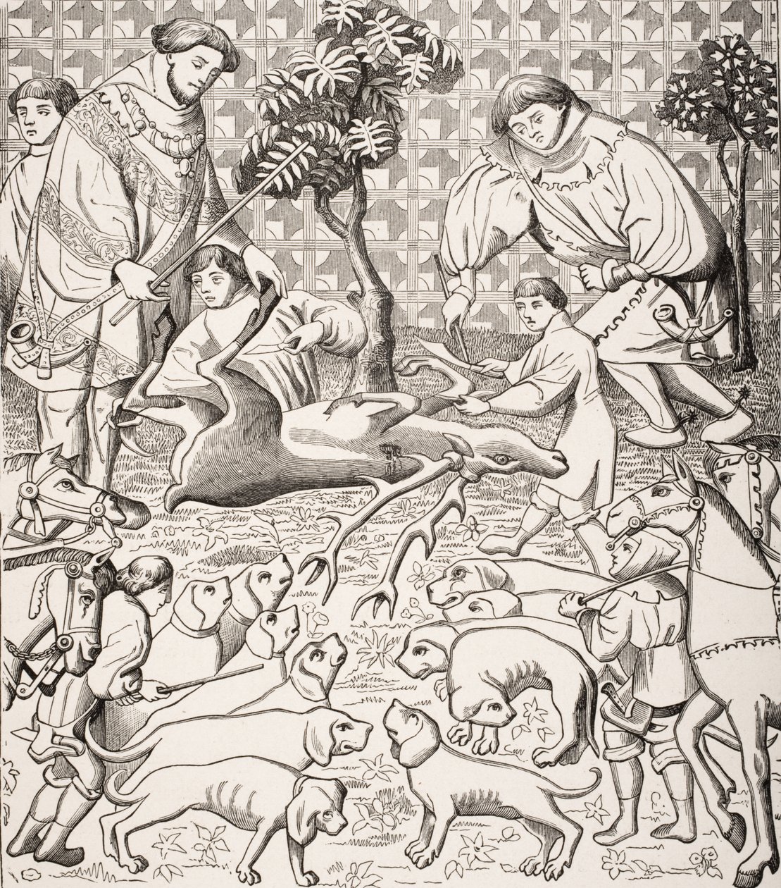 Droga do oskórowania i pokrojenia jelenia, po XV wieku w „Des Deduits de la Chasse des Bestes Sauvages” Gastona Phoebusa, z „Le Moyen Age et La Renaissance” Paula Lacroix (1806–84) opublikowanej 1 autorstwa French School