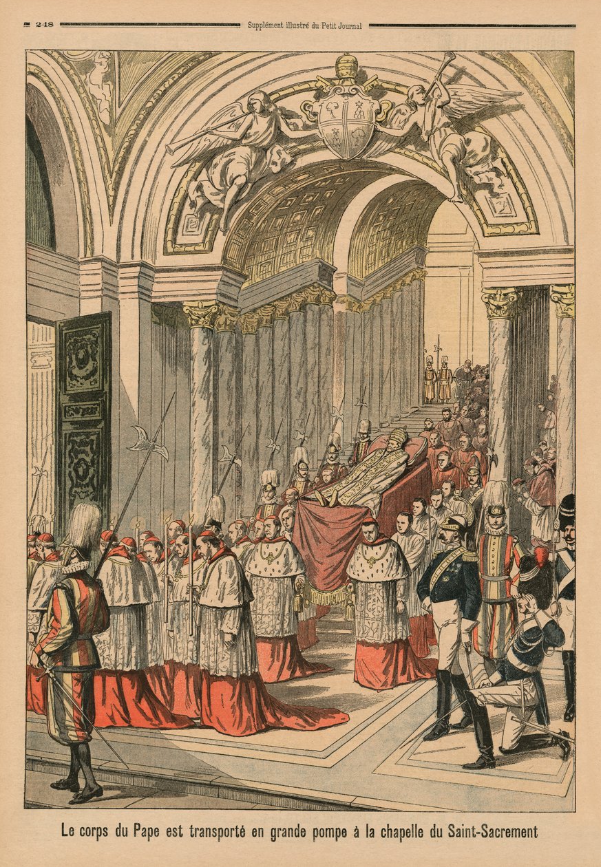 Ciało papieża Leona XIII jest z wielką pompą przenoszone do kaplicy Najświętszego Sakramentu, ilustracja na tylnej okładce z "Le Petit Journal", supplement illustre, 2 sierpnia 1903 r. autorstwa French School