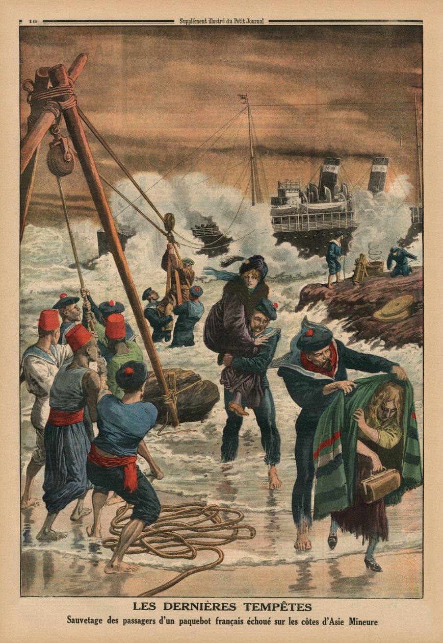 Ostatnie sztormy morskie ratujące pasażerów francuskiego liniowca leżącego u wybrzeży Azji Mniejszej, ilustracja na tylnej okładce z „Le Petit Journal”, dodatek ilustr., 11 stycznia 1914 autorstwa French School