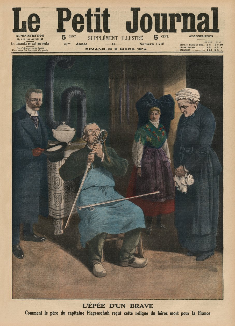 Miecz odważnego człowieka, jak ojciec Kapitana Fiegenschuh otrzymał relikwię bohatera zabitego dla Francji, ilustracja na okładce z „Le Petit Journal”, dodatek illustre, 8 marca 1914 (kolor autorstwa French School