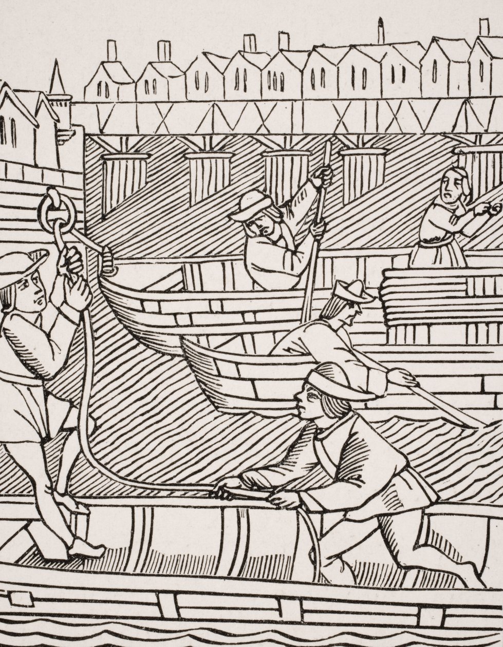 Opłata za przejazd pod mostami Paryża, według drzeworytu w „Ordonnances de la Prevoste des Marchands de Paris”, 1500, z „Le Moyen Age et La Renaissance” Paula Lacroix (1806-84) opublikowanej w 1847 roku autorstwa French School