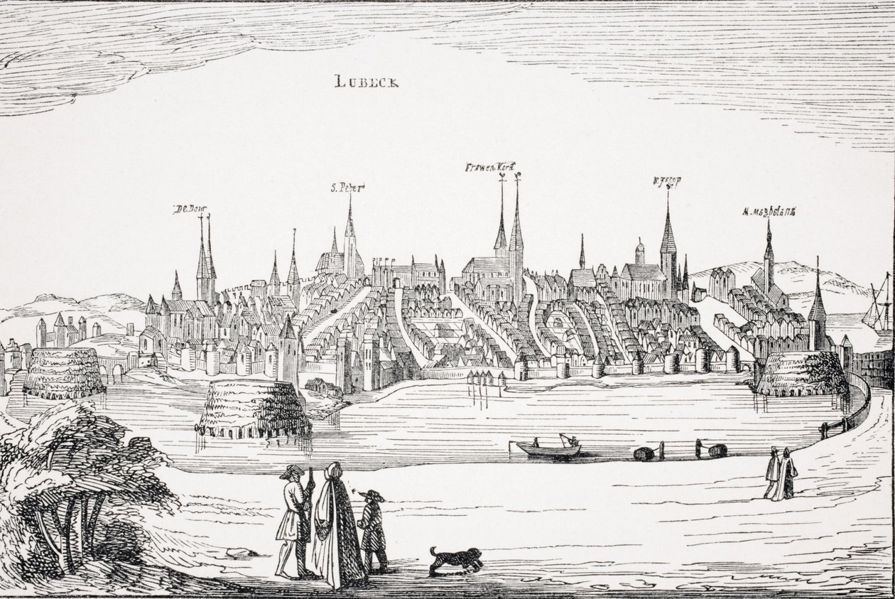 Widok Lubeki i jej portu w XVI wieku, według miedzianej płyty w „Commentaria Rerum Germanicarum” P. Bertiusa, opublikowanej w Amsterdamie, 1616, z „Le Moyen Age et La Renaissance” Paula autorstwa French School